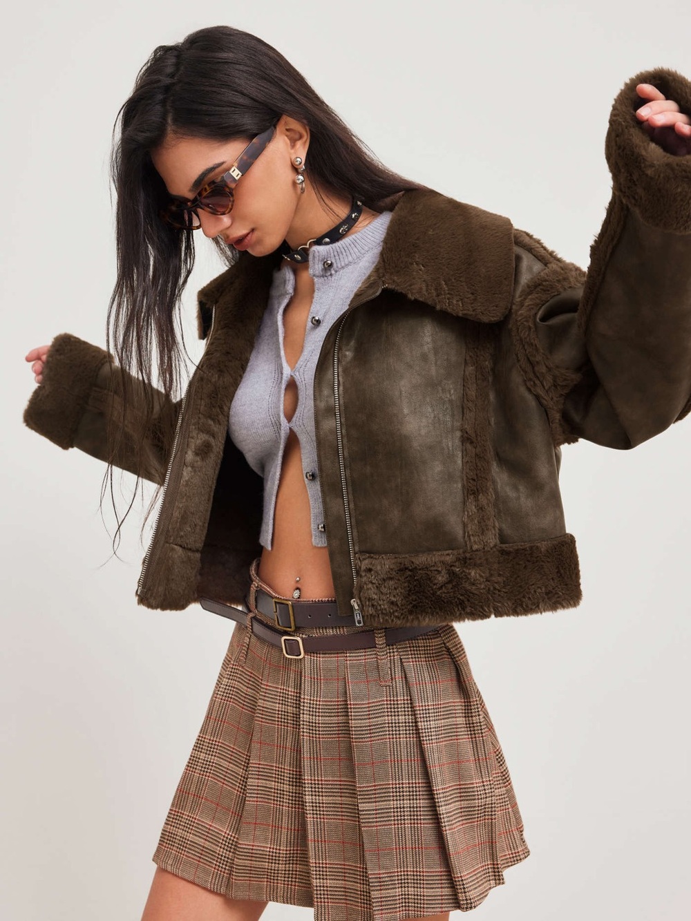 Brand new cider faux shearling collar solid zipper jacket